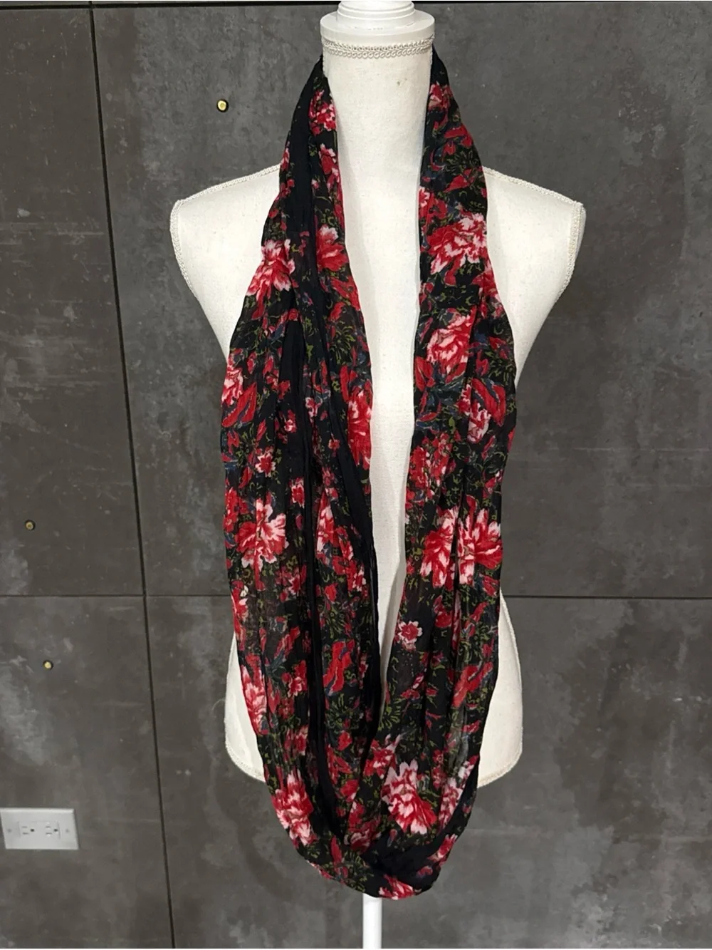 J. Jill Black Infinity Scarf with Red Floral Print and Green Accents